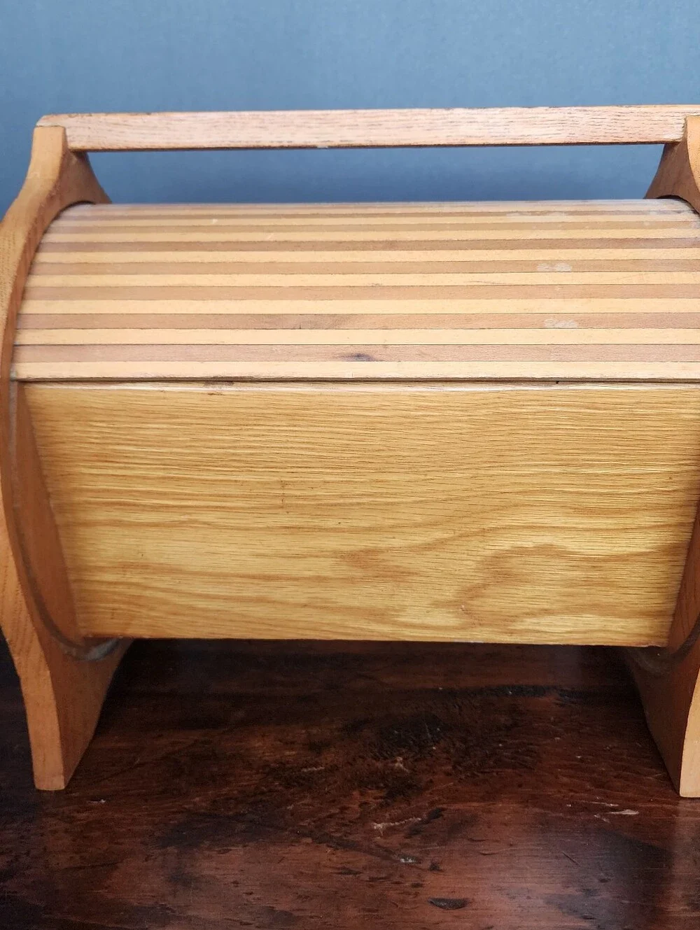 Vintage 40s Wood Roll Top Sewing Box Free Standing Slatted Tambour Door 11x9x11